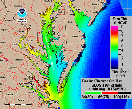 Maximum water levels reached throughout the Bay over the course of the storm surge. Output fromthe Sea, Lake, and Overland Surge from Hurricanes (SLOSH) computer model, run with actual storm data